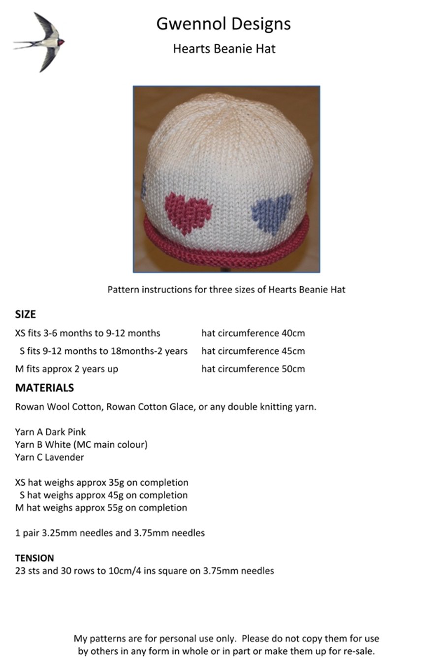 Hearts Beanie Hat PDF Knitting Pattern