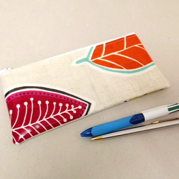 Pencil case in beige with pink and orange leaves, oilcloth pencil pouch