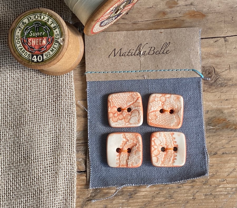 Buttons 20mm handmade Square Orange Pottery Lace set of 4
