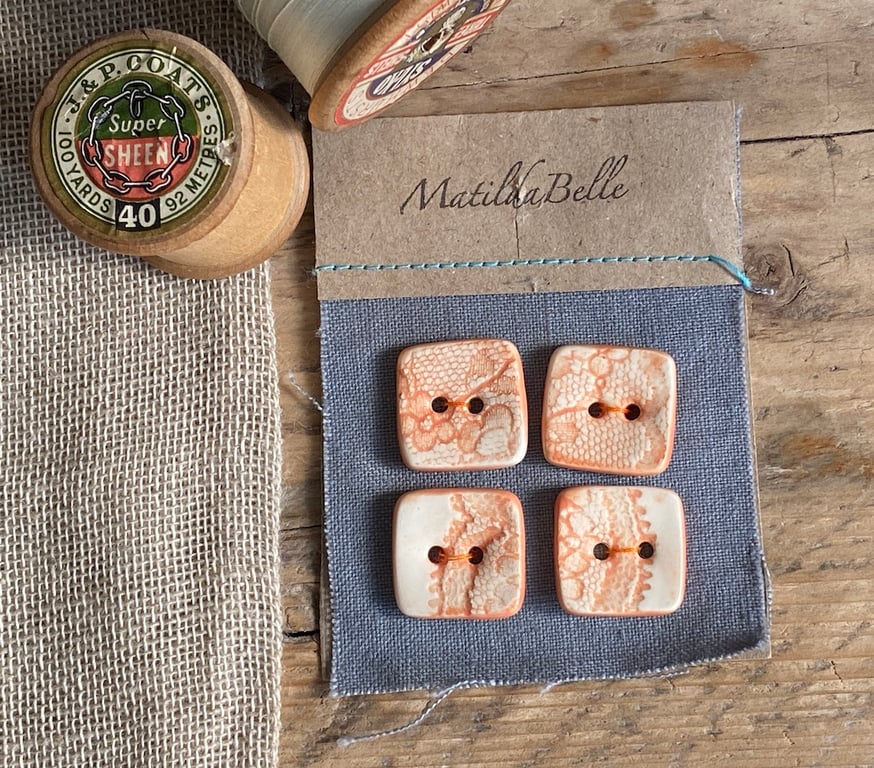 Buttons 20mm handmade Square Orange Pottery Lace set of 4