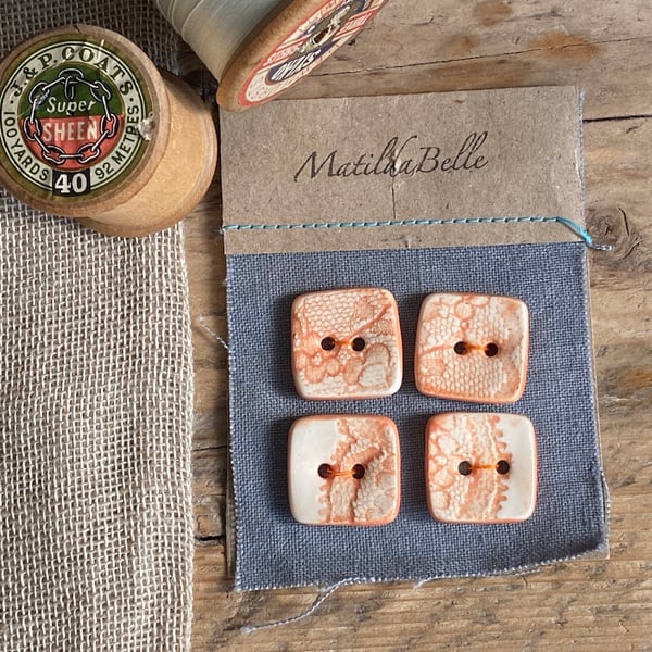 Buttons 20mm handmade Square Orange Pottery Lace set of 4