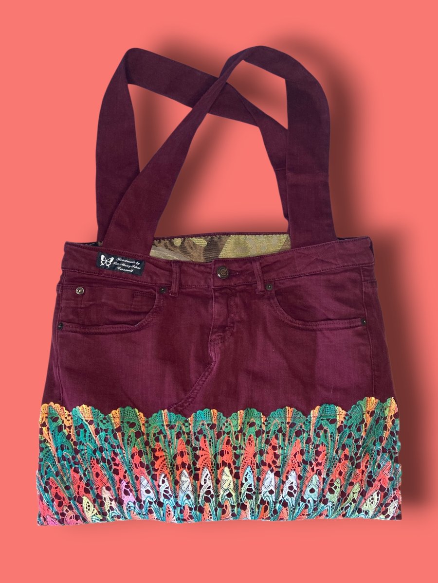 Sustainable Tote Bag – Red Denim & Preloved Fabrics with Multiple Pockets