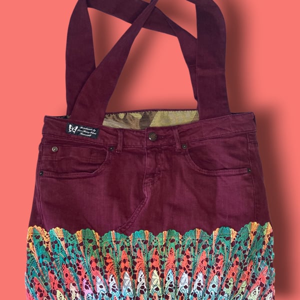 Sustainable Tote Bag – Red Denim & Preloved Fabrics with Multiple Pockets