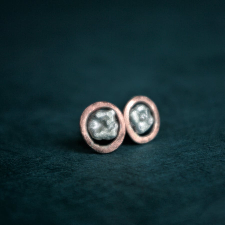 Copper and Silver Nugget Stud Earrings