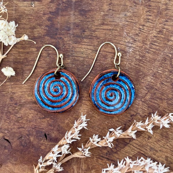 Handmade Ceramic Earrings: Blue Glazed Clay Dangle, Hypoallergenic Hooks, Swirly