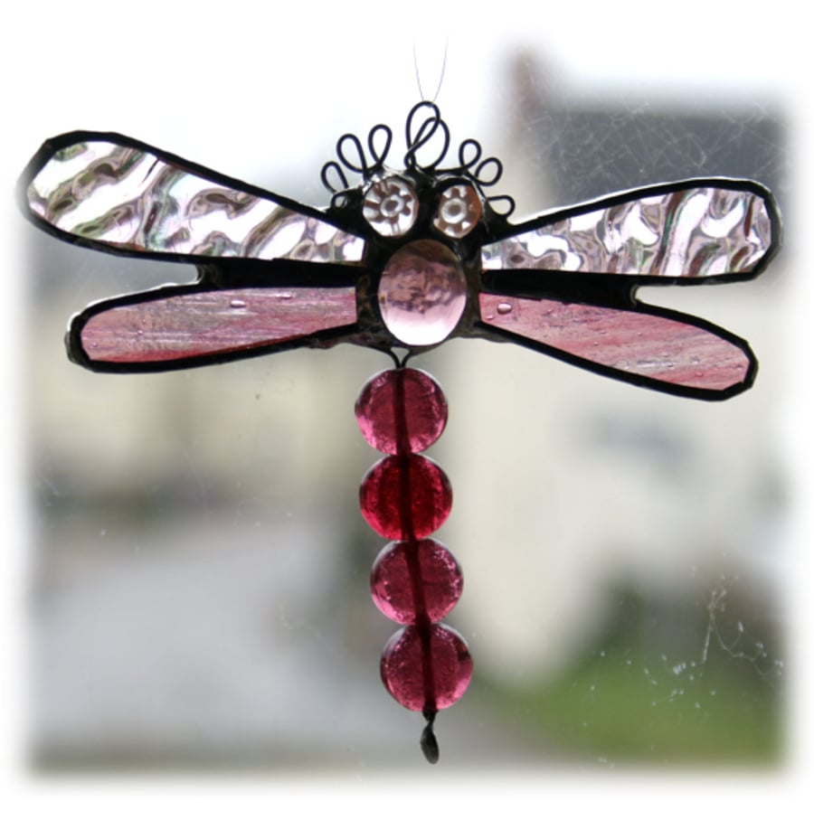SOLD Dragonfly Suncatcher Stained Glass Pink Bead-Tailed  