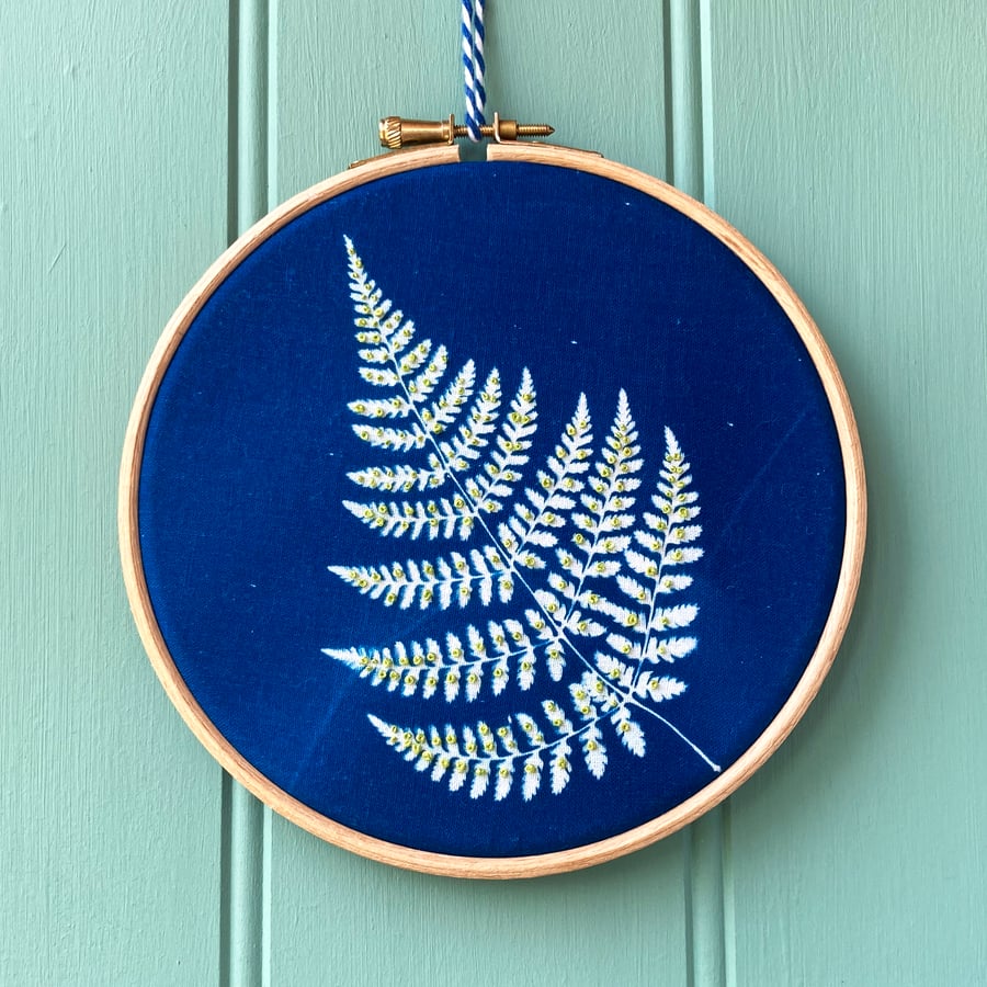 Fern Cyanotype Embroidery hoop with Light green French Knots Seconds Sunday