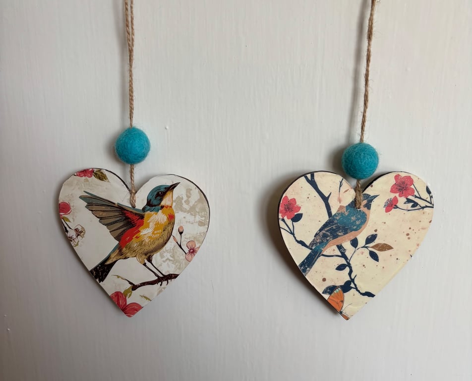 Bird themed wooden hanging heart decoration 
