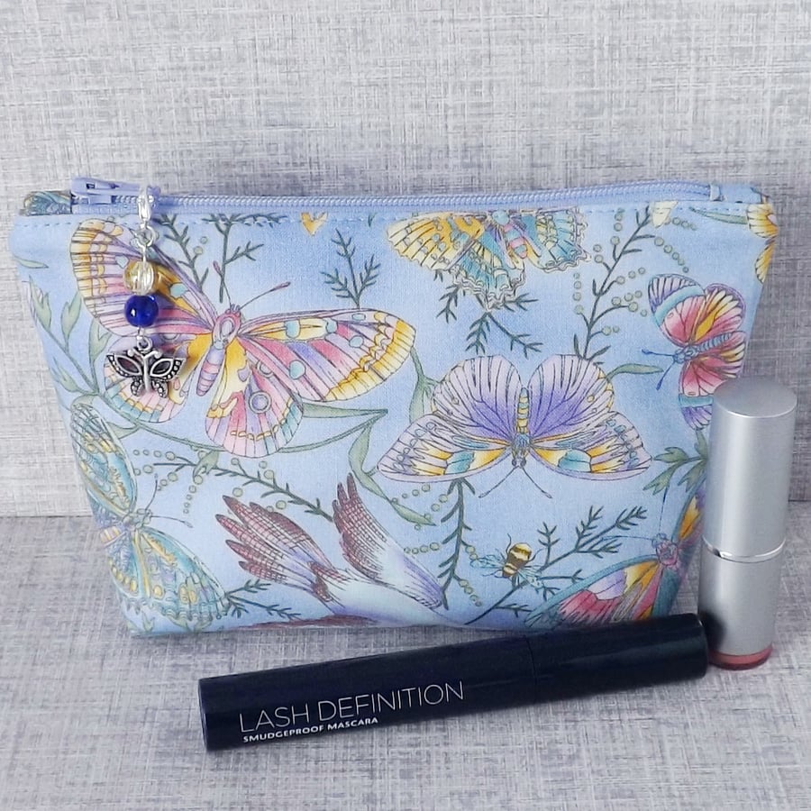 Makeup bag, zipped pouch, cosmetic bag, birds & butterflies