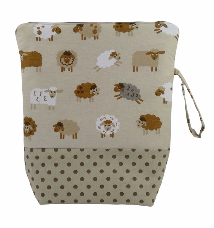 Large knitting pouch bag with natural coloured sheep, knitters project bag,zippe