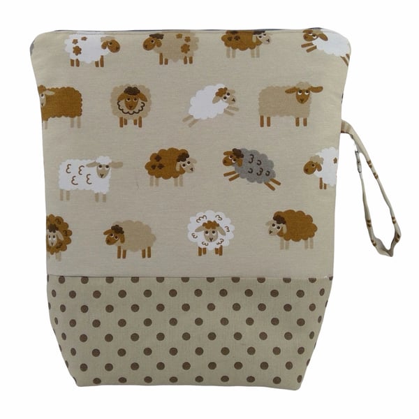 Large knitting pouch bag with natural coloured sheep, knitters project bag,zippe