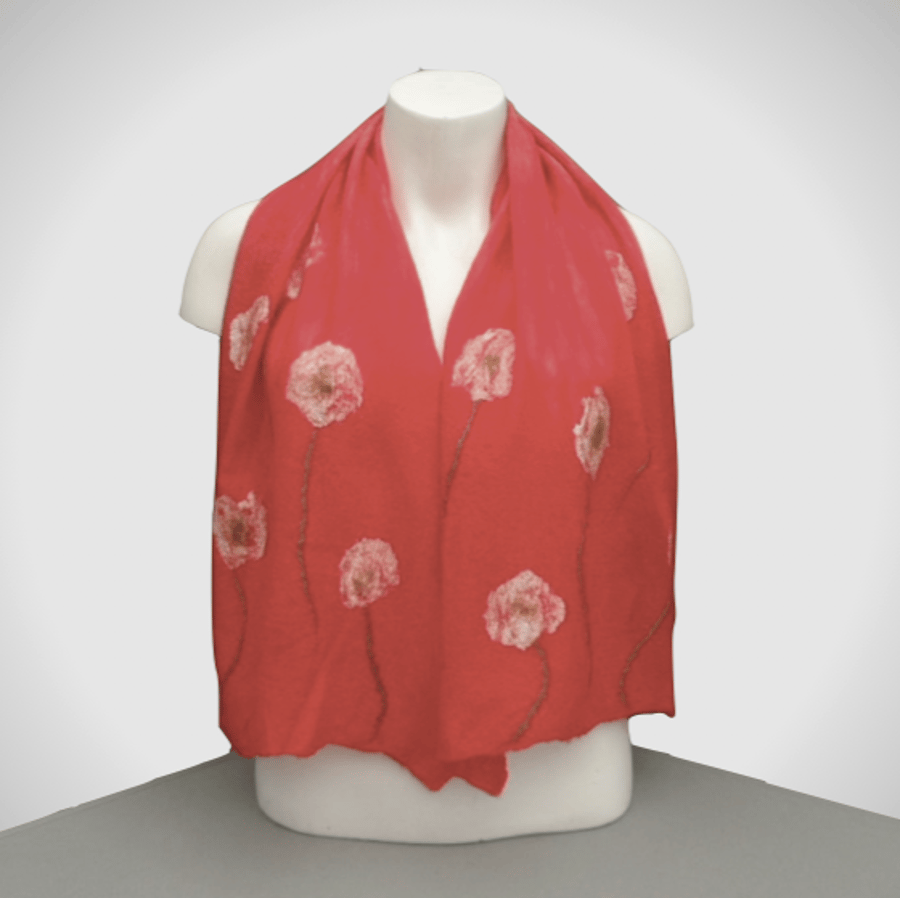 Red nuno felted scarf with white silk flowers