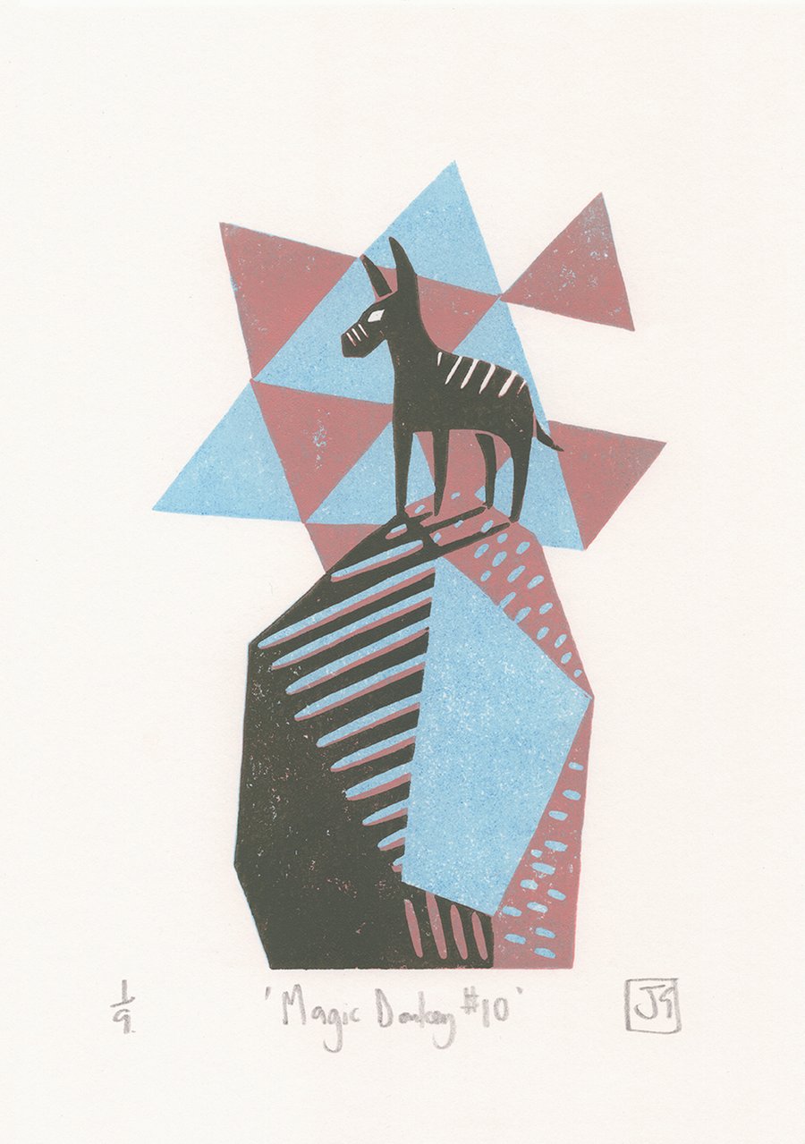 Magic Donkey No.10 Three-Colour A5 Reduction Linocut Print