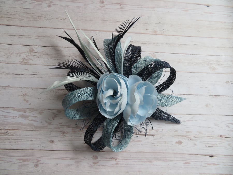 Small Navy and Pale Baby Blue Sinamay Loop & Feather Blossom Flower Clip