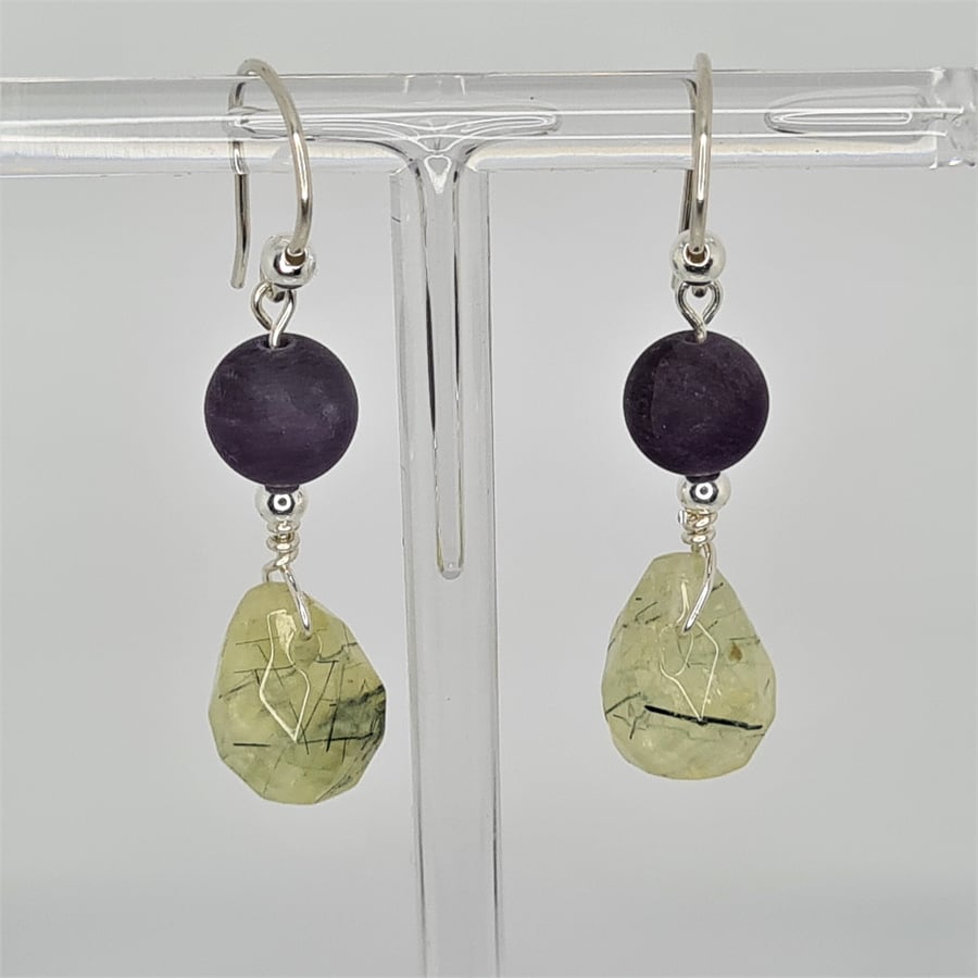 Amethyst & Prehnite Sterling Silver Dangle Earrings