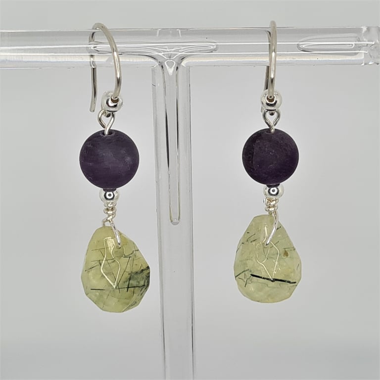 Amethyst & Prehnite Sterling Silver Dangle Earrings