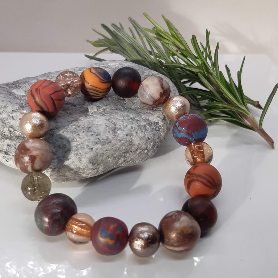Polymer clay jewellery, bracelet in shades of brown and orange