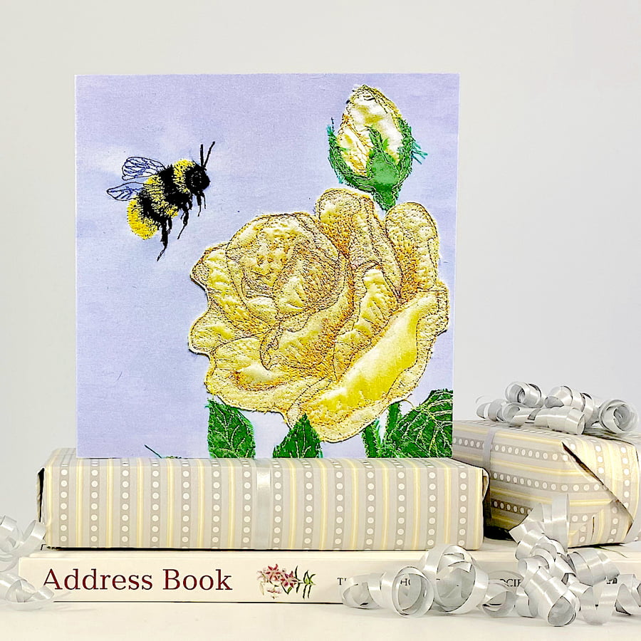Birthday card - yellow rose and bumblebee floral flower