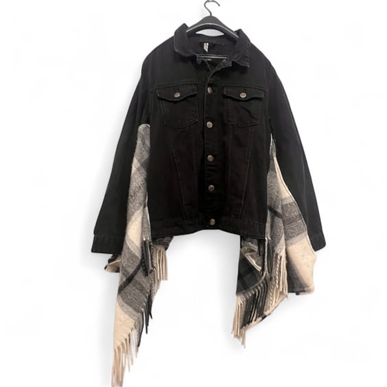 Upcycled Black Denim Cape with Plaid Scarf Detail – One of a Kind