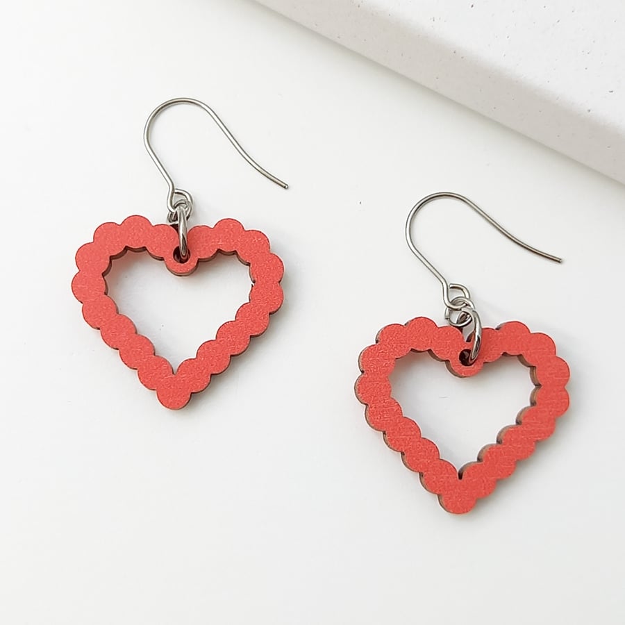 Heart Wooden Earrings Red, Mother's Day Gift Sustainable Jewellery
