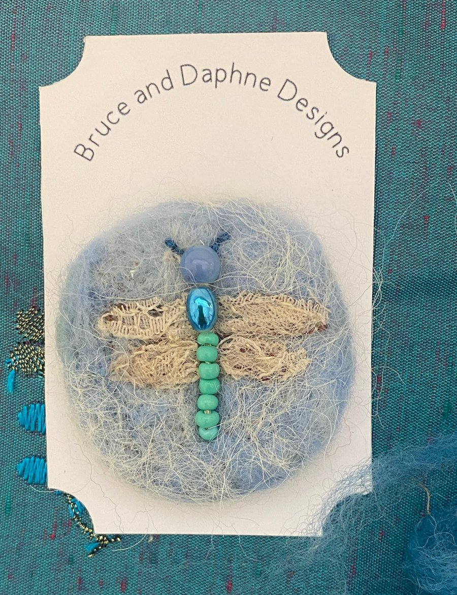 Dragonfly- Textile brooch, needle felted dragonfly with bead detail gift for her