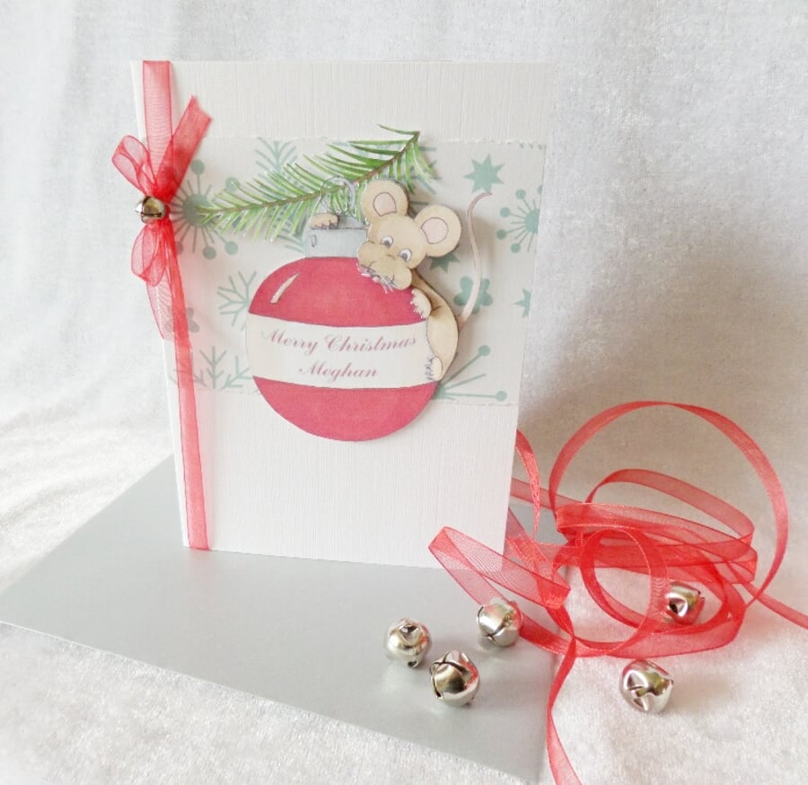 Christmas Card - Personalised - Bauble Mouse
