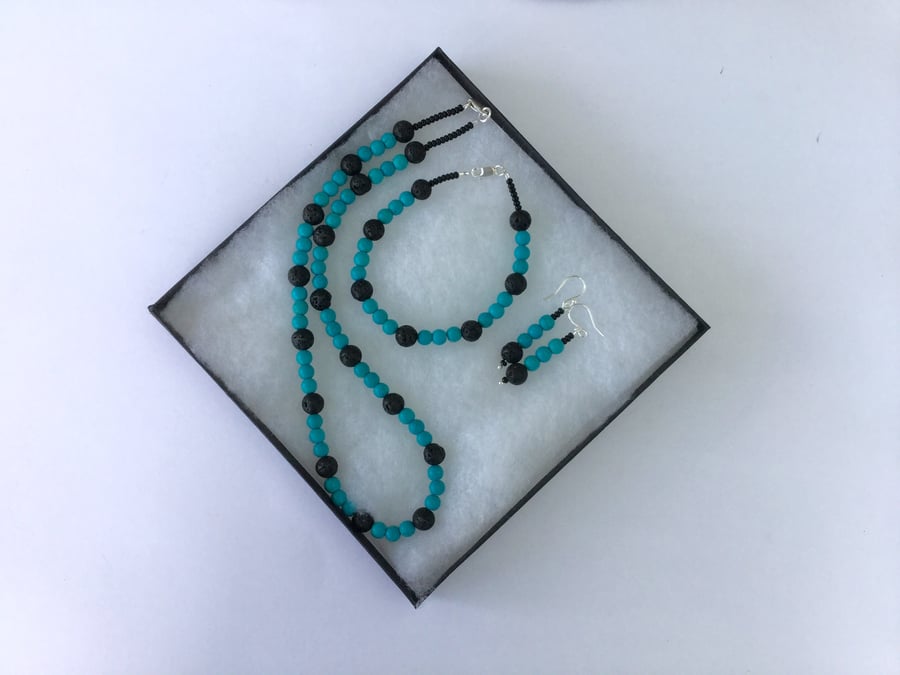 Jewellery Set: Necklace, Bracelet, Earrings with Turquoise, Lava Rock and Silver