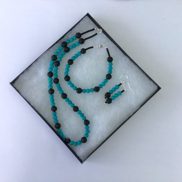 Jewellery Set: Necklace, Bracelet, Earrings with Turquoise, Lava Rock and Silver