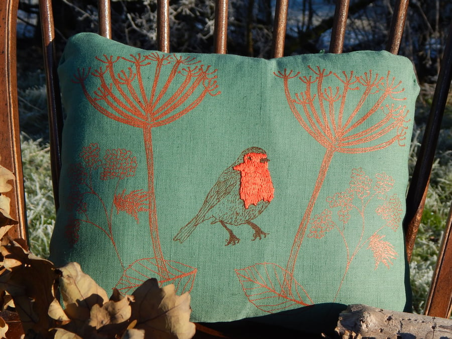 Dark green - Robin red breast - Screen printed wild seedhead cushion 