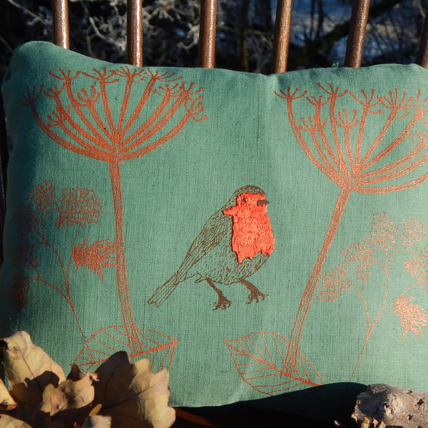Dark green - Robin red breast - Screen printed wild seedhead cushion 