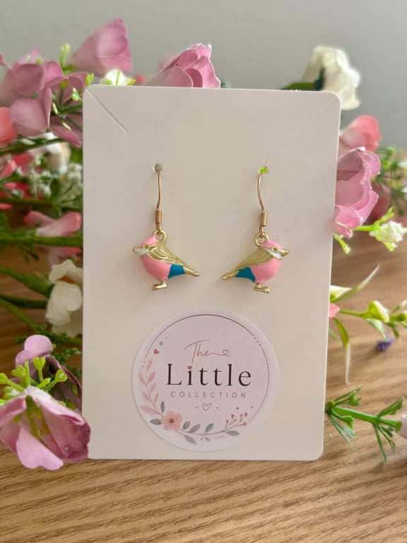 Bird Dangle Earrings, Enamel Bird Charms, Handmade Jewellery