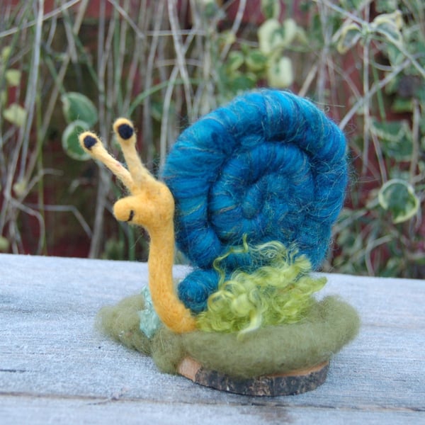 Cute Snail, Needle felt Snail mounted on a wood slice,