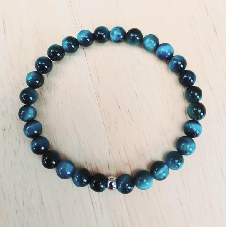 Peacock Blue Tigers Eye Stretch Bracelet, 6mm Gemstones