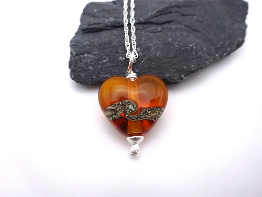amber lampwork glass heart pendant necklace