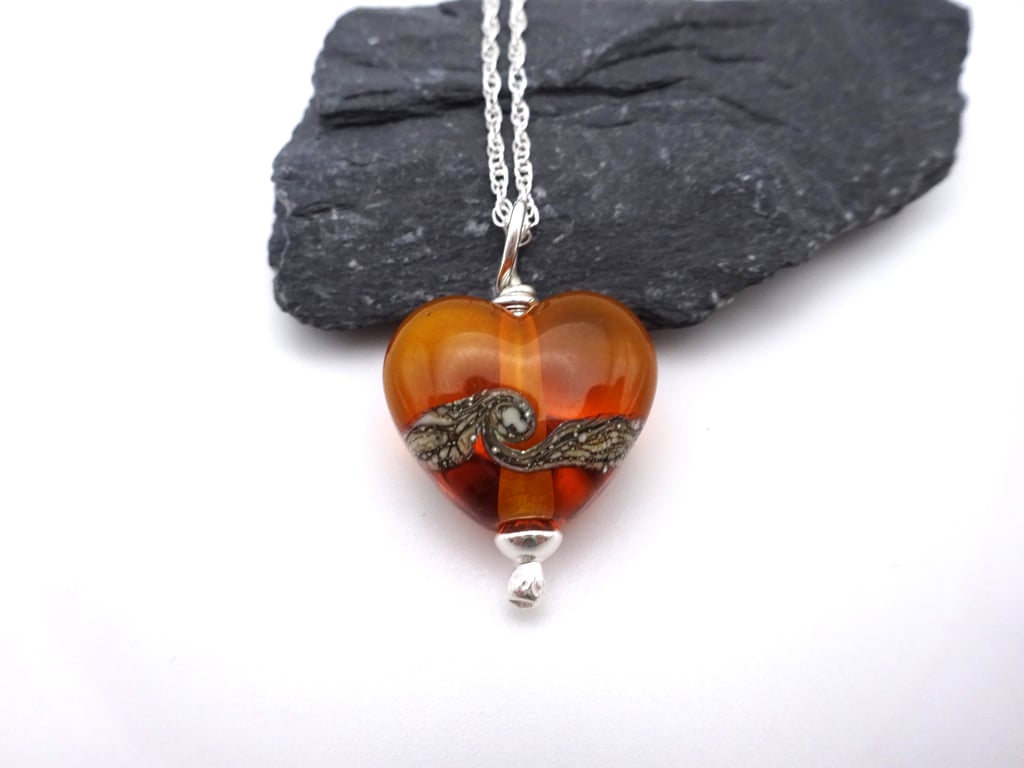 amber lampwork glass heart pendant necklace