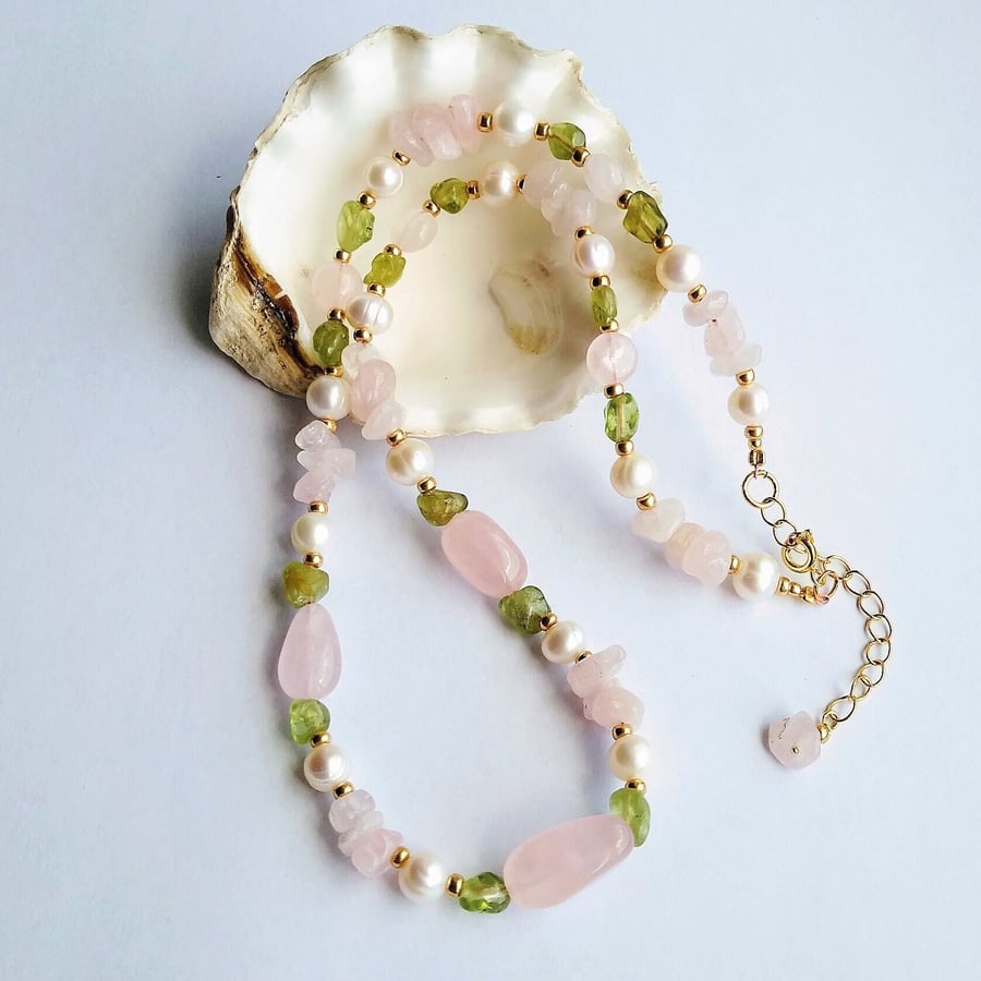 Rose Quartz Pearl & Peridot 18 - 20 inch Necklace, Pastel Gemstone Bead Necklace