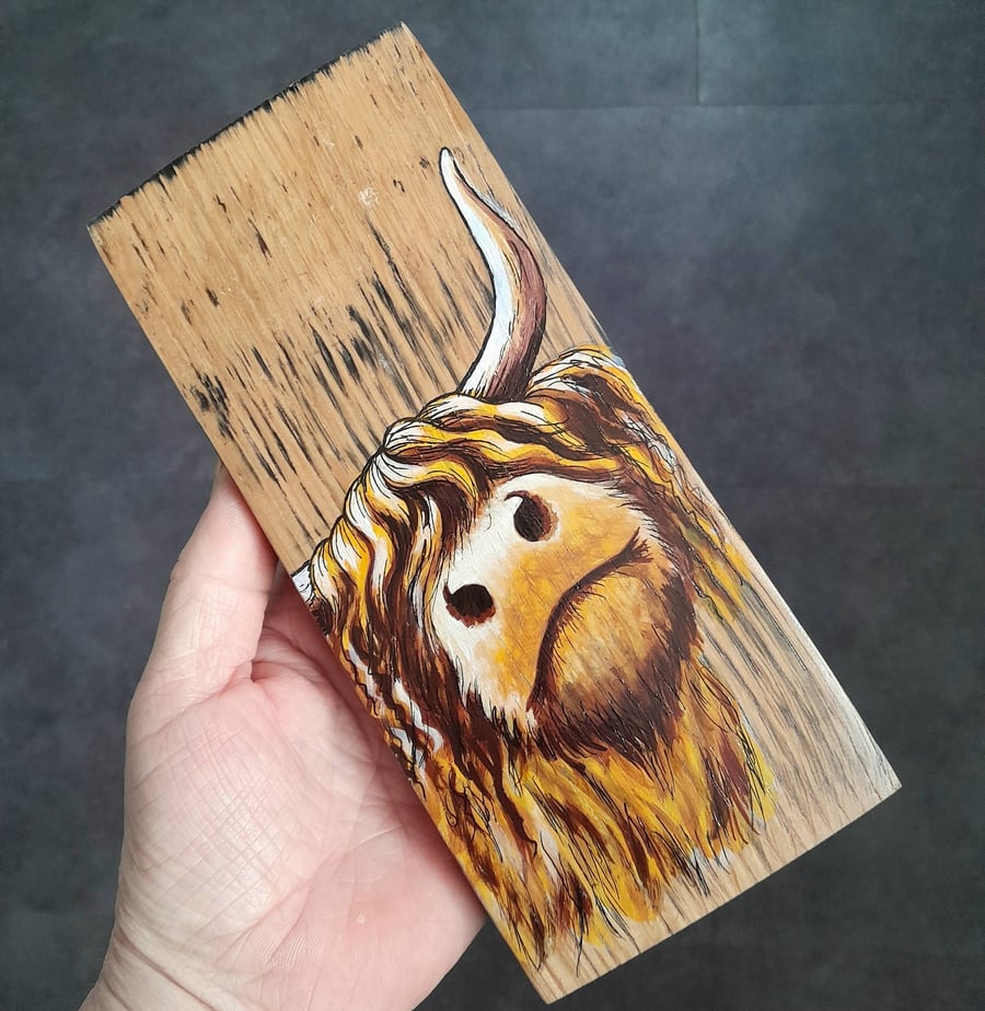 Hand Painted Reclaimed Whisky Barrel Stave - Highland Cow