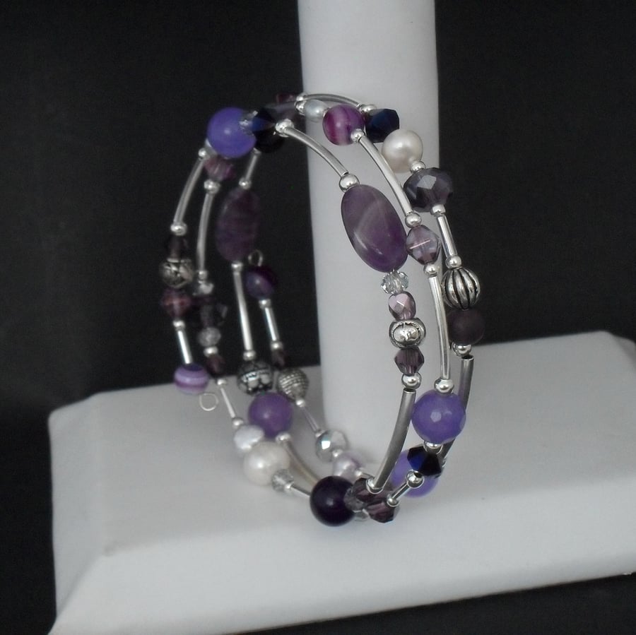 Pearl, amethyst, crystal and purple gemstone wire wrap bracelet