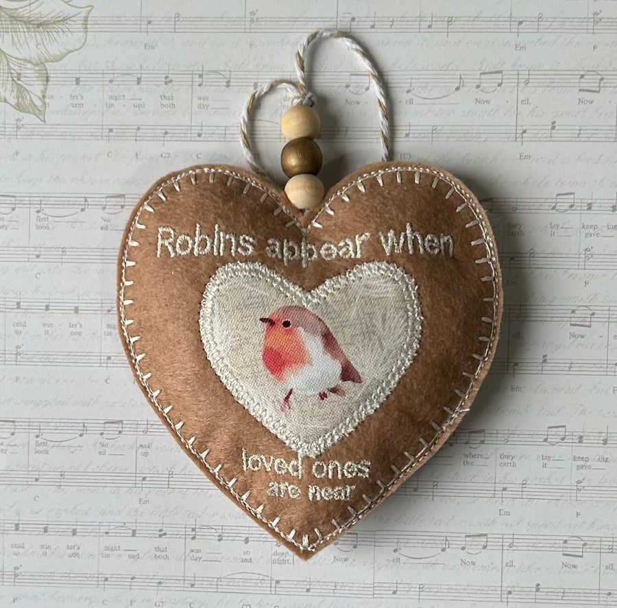 Robin embroidered felt hanging heart