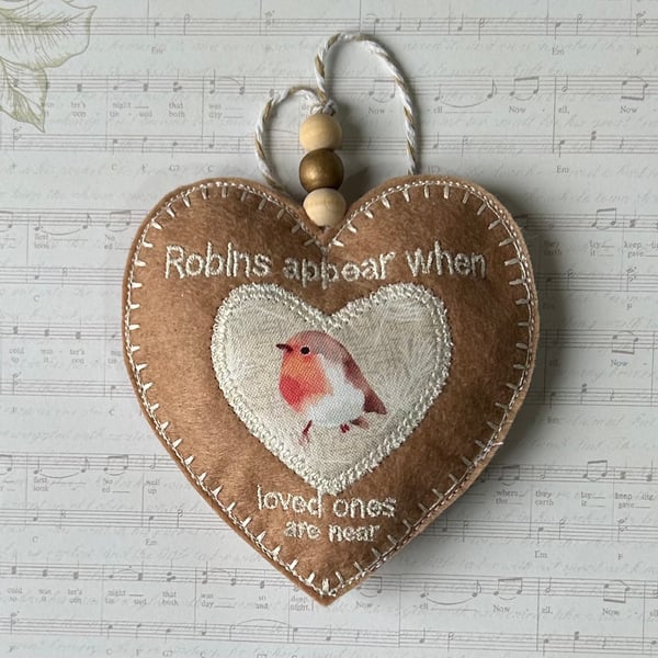 Robin embroidered felt hanging heart