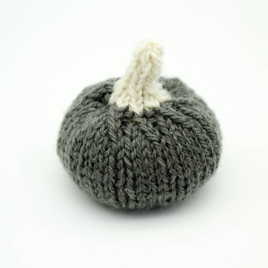 SOLD Hand knitted mini pumpkin pin cushion Grey and white