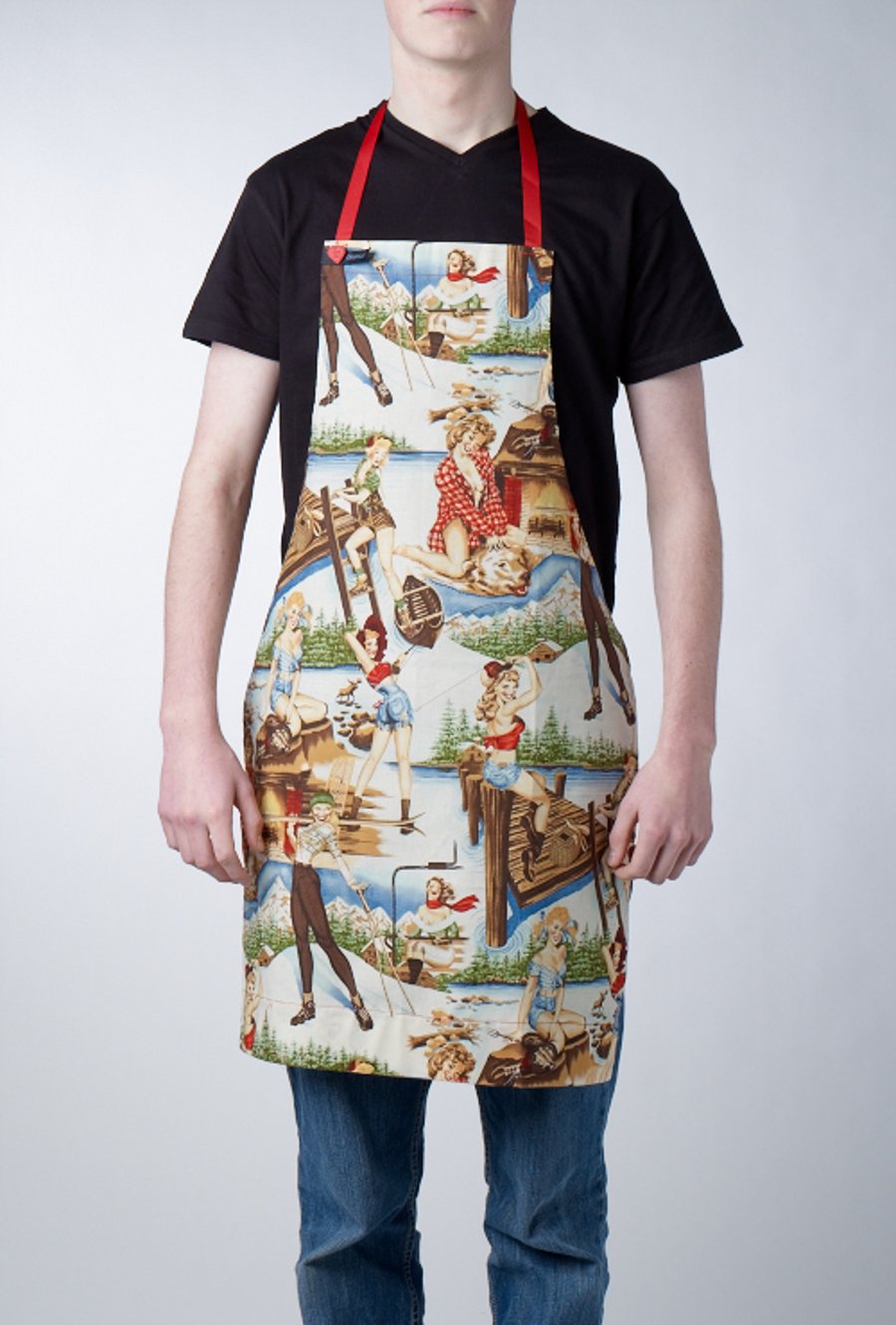 GAYPRON Aprons in retro The Great Outdoors pin-up  fabric by Alexander Henry