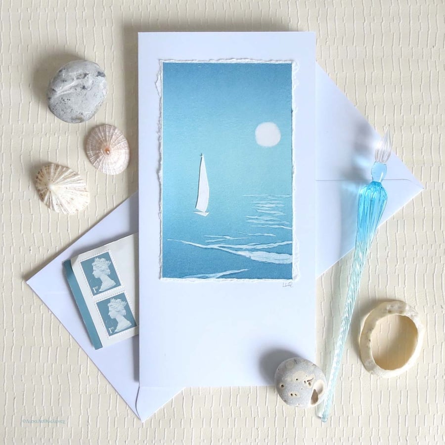 OOAK printed and collaged sailing in the moonlight original artist card