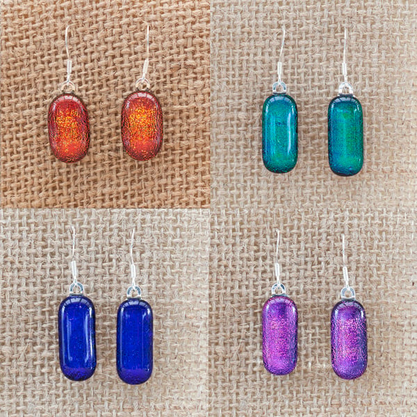 Colourful Dichroic Fused Glass Sterling Silver Drop Dangly Earrings