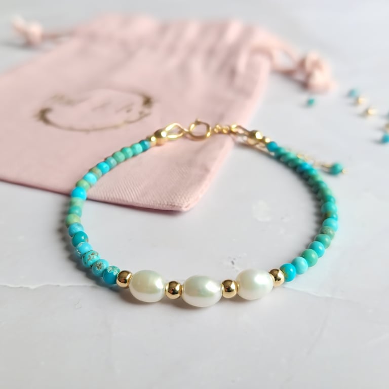 Turquoise and Pearl Bracelet 14kt Gold Filled, December Birthstone Bracelet