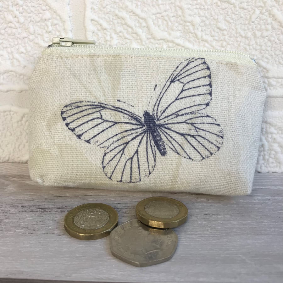 SALE, Small purse, coin purse in cream with large dark blue butterfly