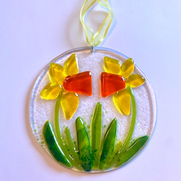 Fused glass daffodil hanging sun catcher decoration 