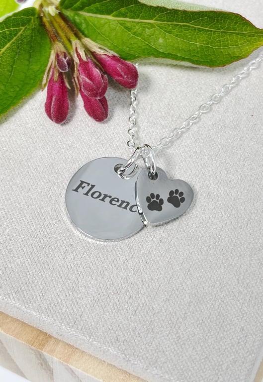 Silver Personalised Name Necklace with Dog Paw Birthday Christmas Gift