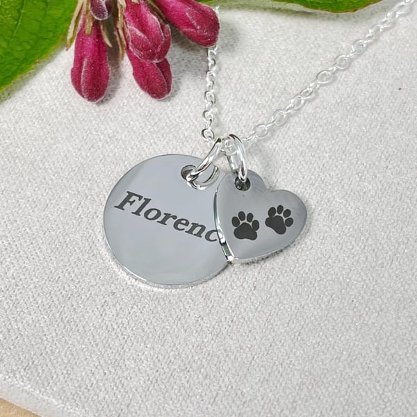 Silver Personalised Name Necklace with Dog Paw Birthday Christmas Gift