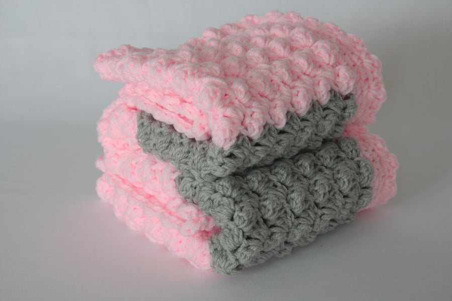 Crochet Baby Blanket in Pink and Grey Ready to Ship